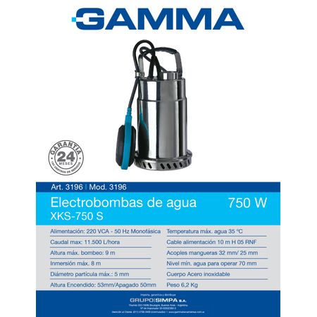 Bomba Inox. Sumergible Portatil 750w Agua Limpia 3196 Gamma